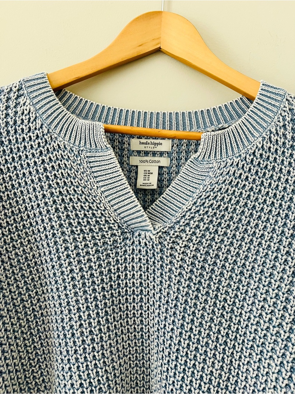 Haute Hippie Cropped Acid Wash Chunky Knit V Neck Sweater SZ M 100% Cotton blue - Picture 7 of 9